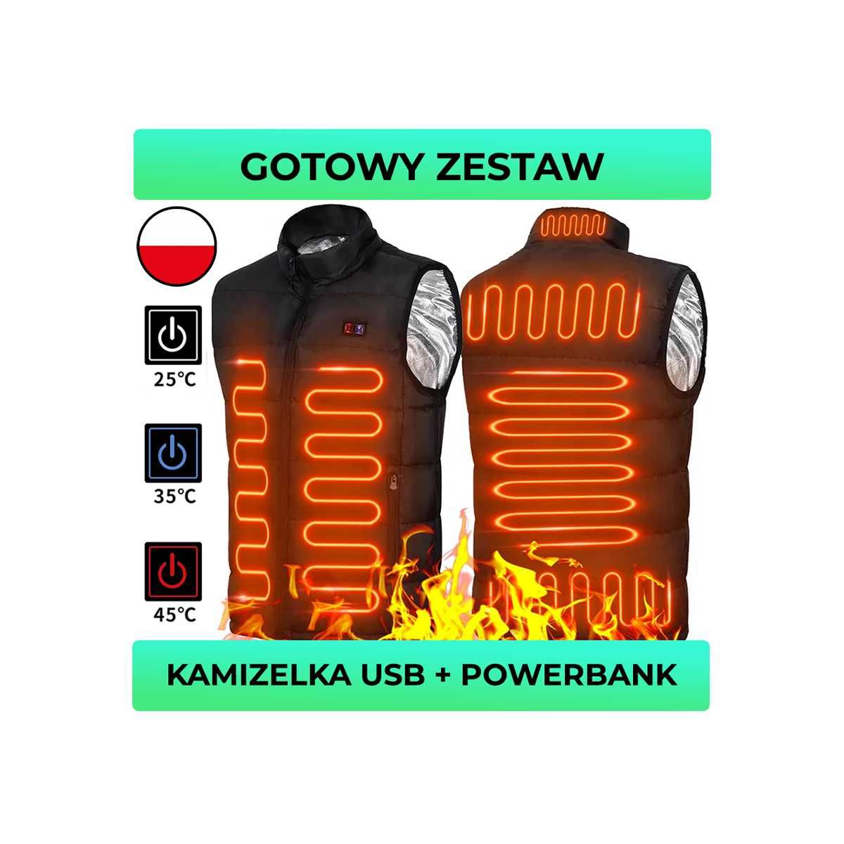 MEGA ZESTAW NA ZIMĘ Kamizelka Podgrzewana + Powerbank + Czapka