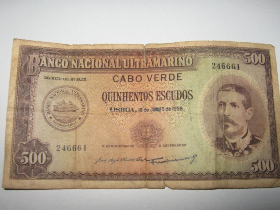 Nota de 500 escudos banco nacional ultramarino cabo verde de 1958