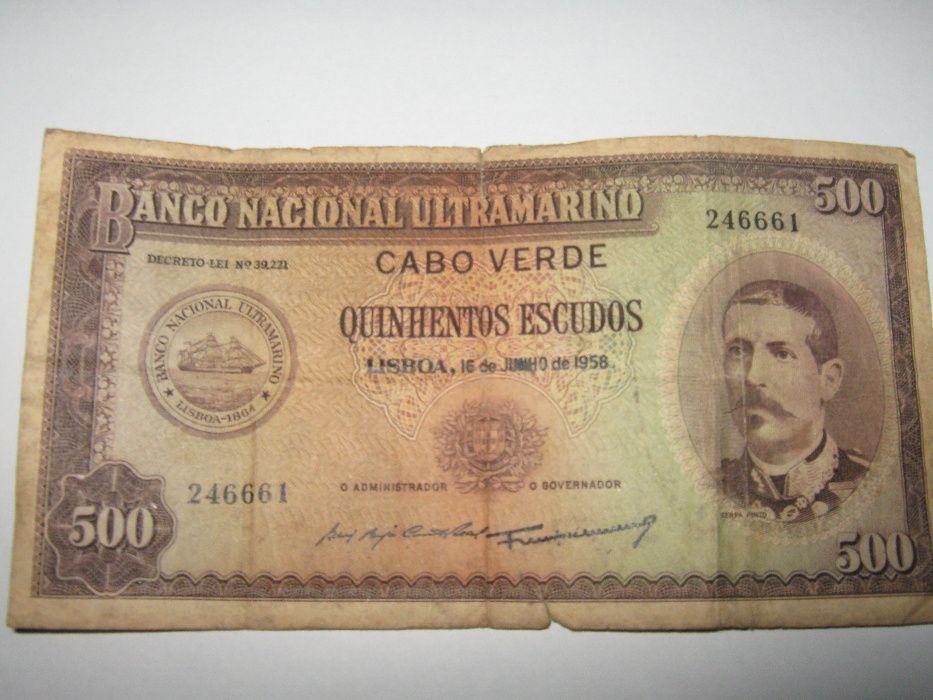 Nota de 500 escudos banco nacional ultramarino cabo verde de 1958