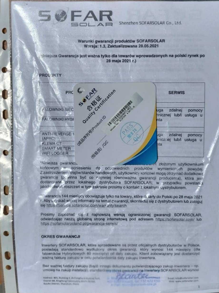 FALOWNIK SOFAR 4.4KTL-X na gwarancji