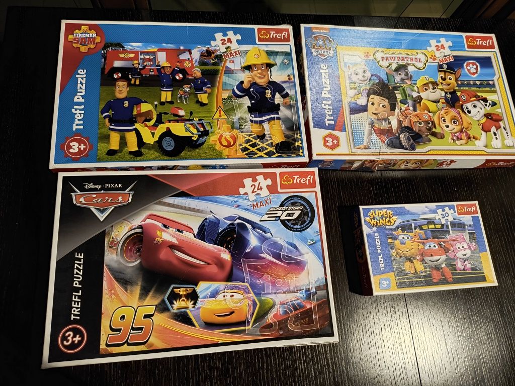 Puzzle 4 zestawy Psi patrol, Auta, Strażak Sam, Super wings. 3+