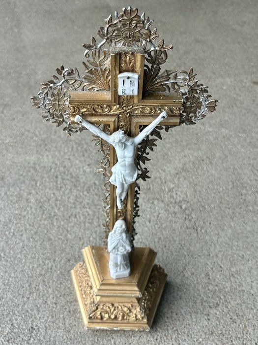 Piękny Stojący Krzyż Krucyfiks XIX wiek porcelanowy Jezus Maryja Antyk