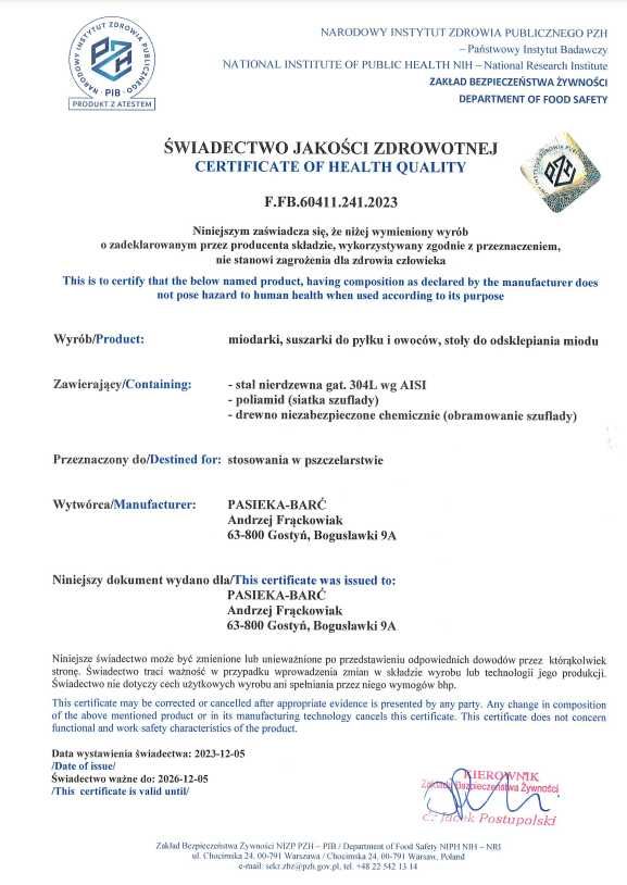 Szuflada do pyłku Suszarka Dekrystalizator Cieplarka Miodarka