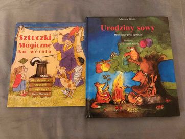 zestaw dwóch książek dla dzieci urodziny sowy , sztuczki magiczne
