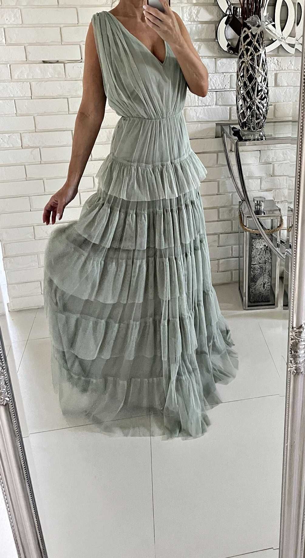 Sukienka maxi tiulowa falbany 42 44 wesel ślub Zalando asos