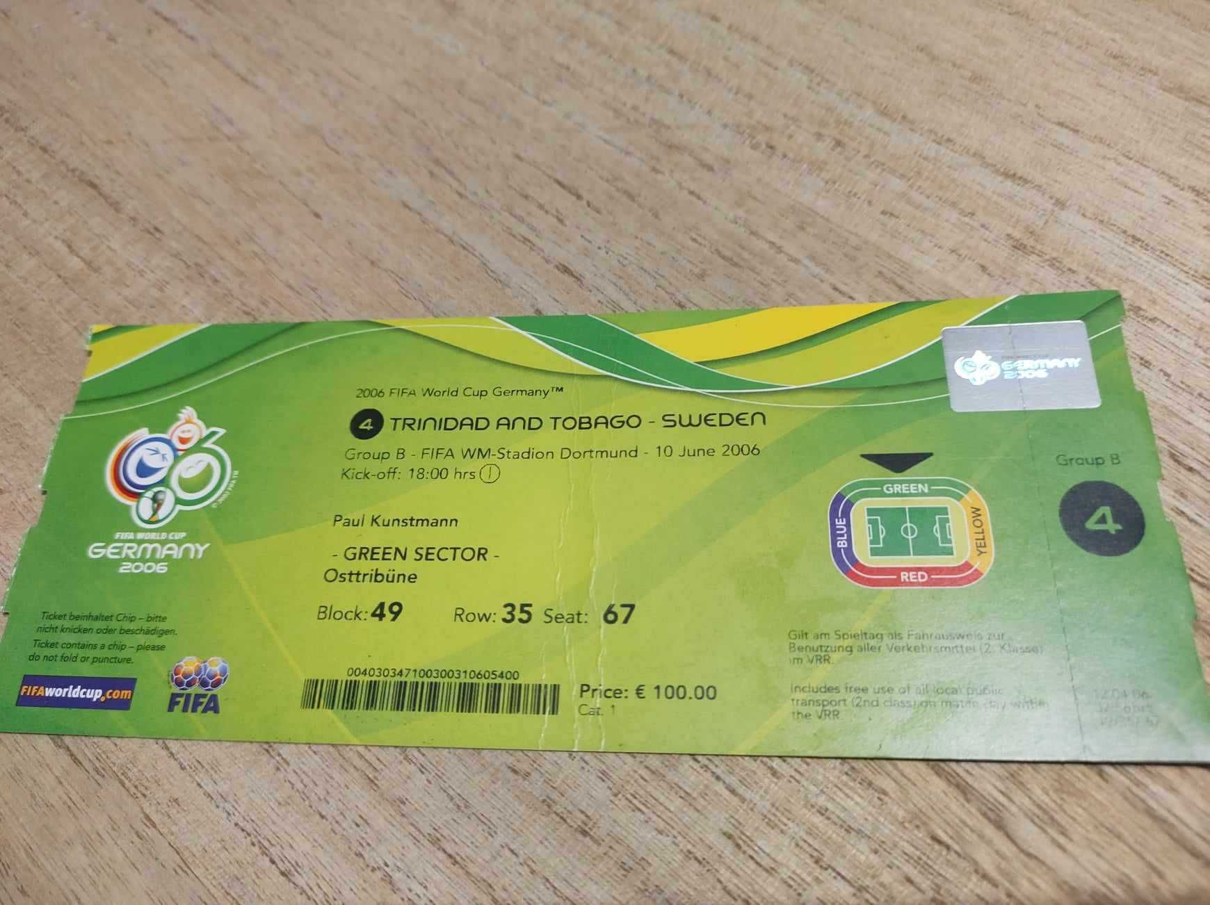 Bilet z meczu MŚ 2006 Trynidad - Szwecja