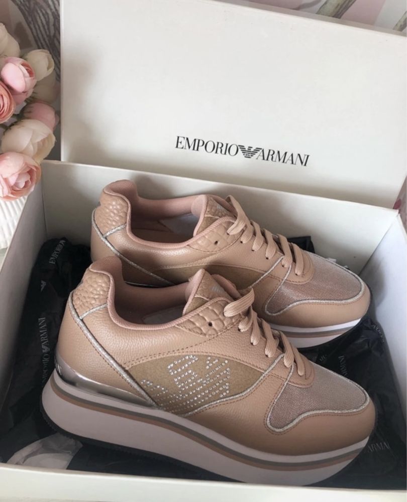 Damskie Sneakersy EMPORIO ARMANI Nude Silver cyrkonie beż 37