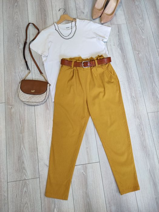 Spodnie eleganckie żółte musztardowe wiskoza Made in Italy XS S