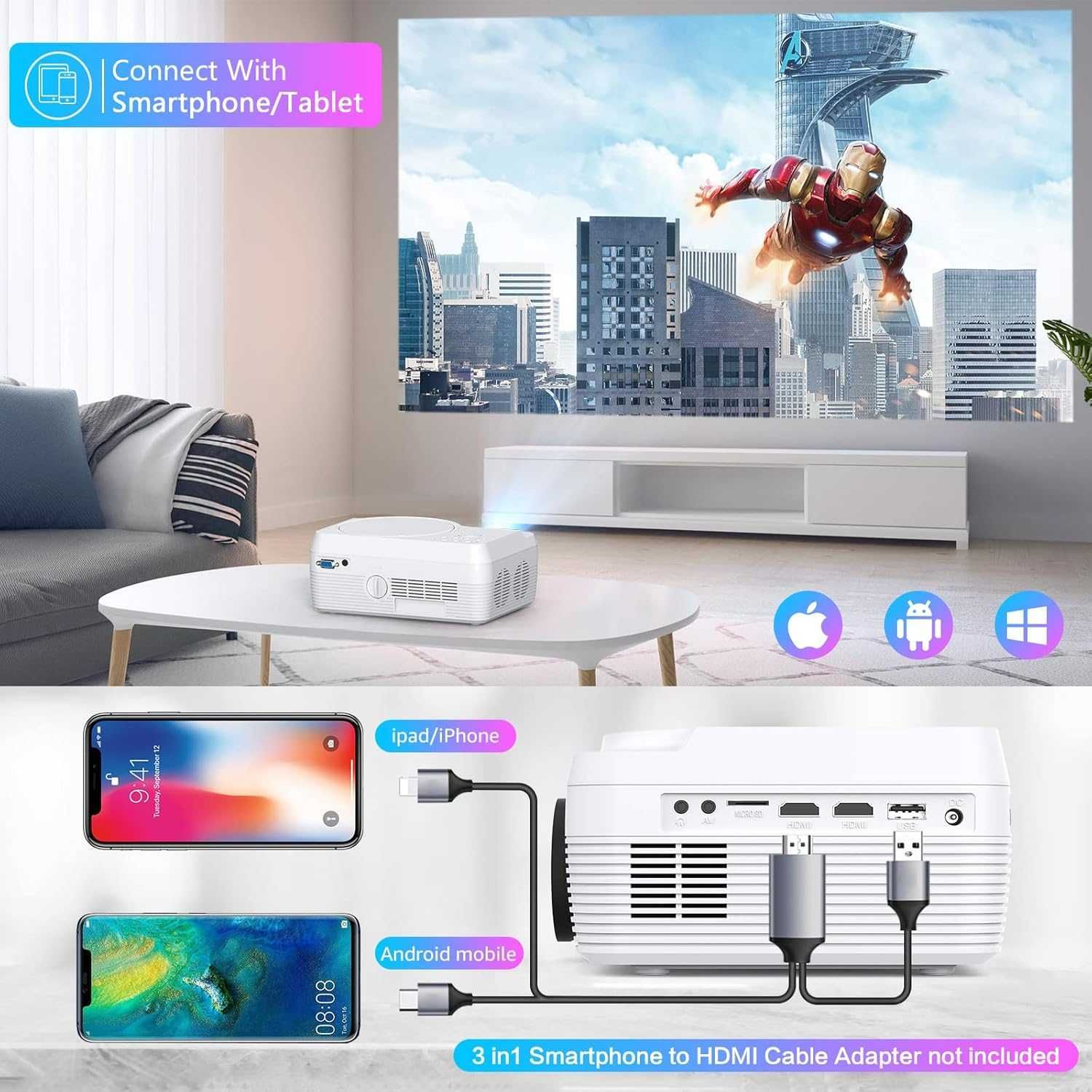 Projektor Full HD Bluetooth Wbudowany odtwarzacz DVD, 12000LM 1080P