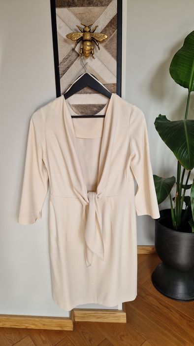 Urocza sukienka Massimo Dutti roz. L kremowa acetate wiskoza wesele ok