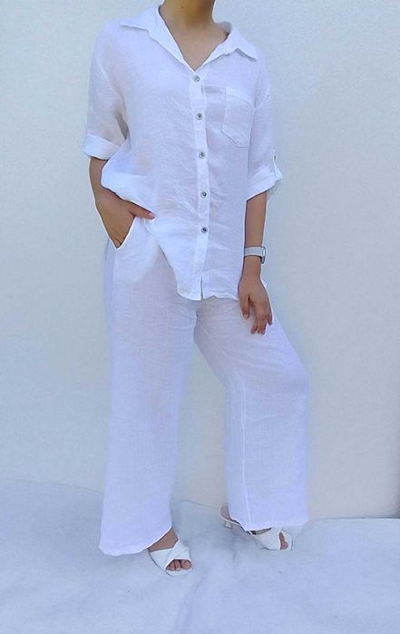 Nowy Lniany komplet szerokie spodnie koszula 100% len puro S M L uni