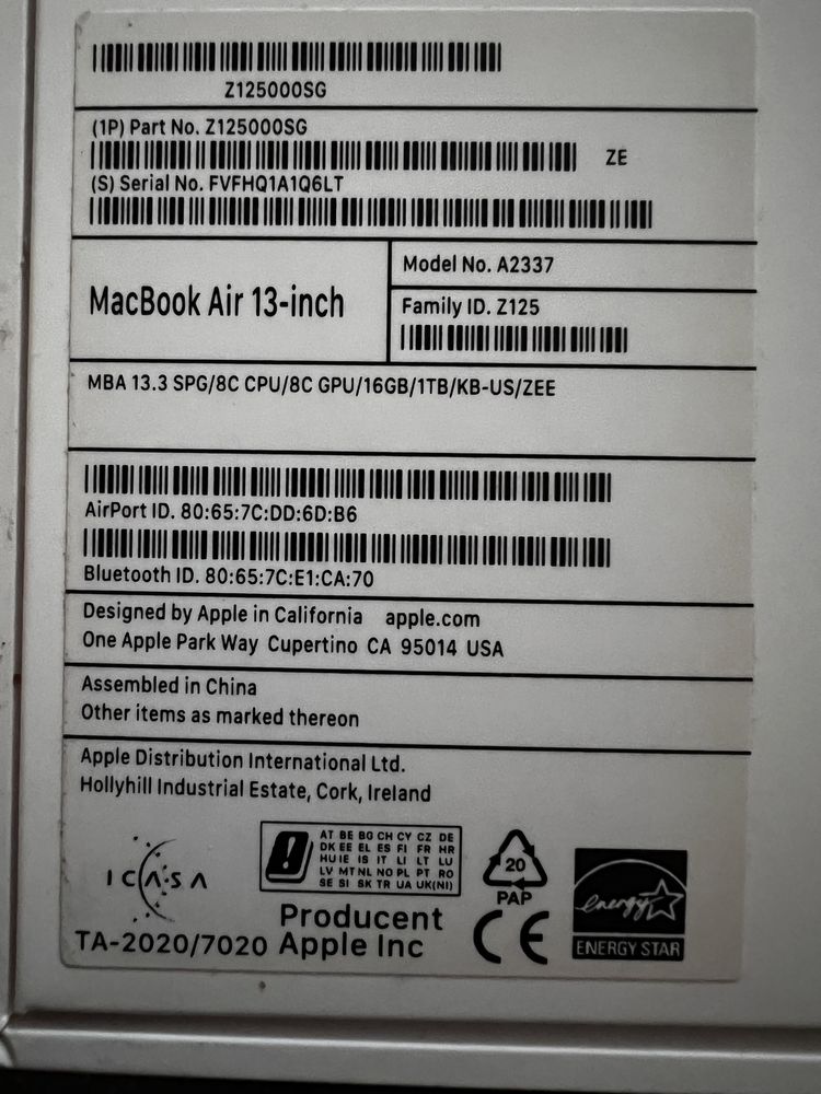 Macbook Air 2020 M1. 16 GB/1 TB SSD PAMIĘĆ