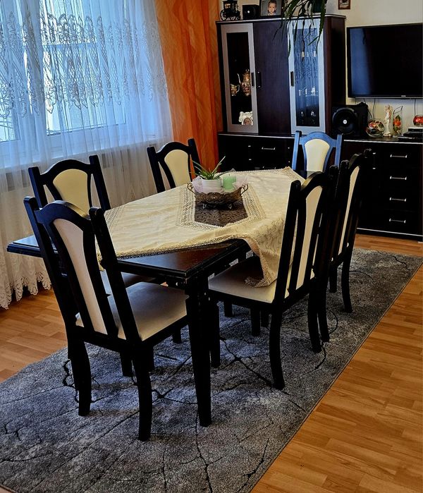 Stół z Krzesłami - Duży Rodzinny Rozkładany - Wenge - Skóra