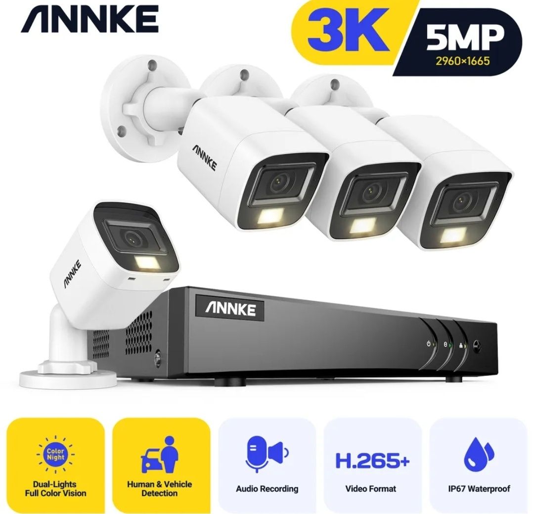 Kit CCTV com DVR 8 canais, 4 câmaras visão noturna a cores, 3K, 5mp,