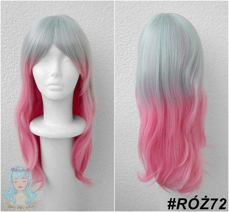 Ombre różowa zielona dwukolorowa peruka wig cosplay długa prosta