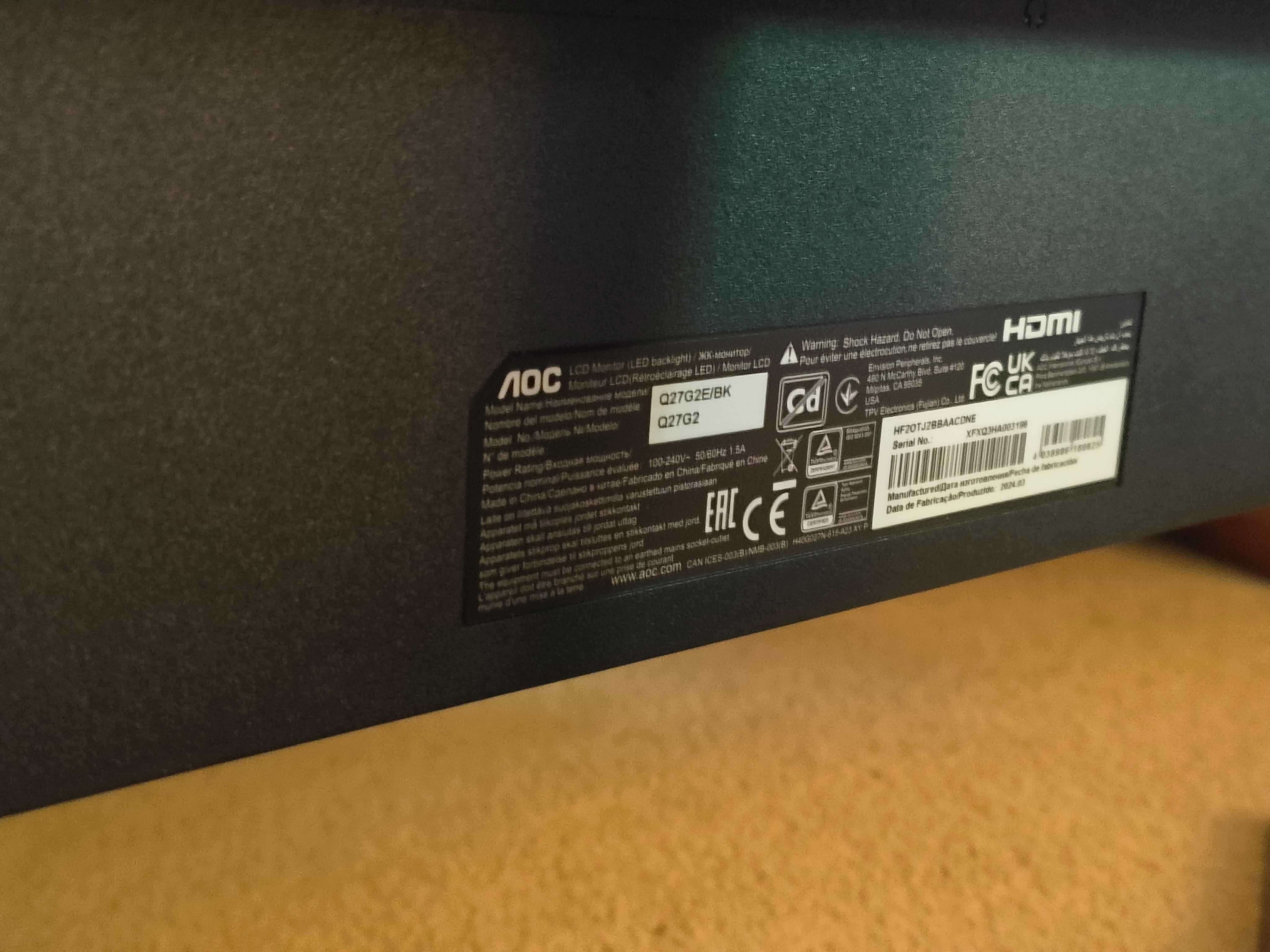 Monitor 2K 27" AOC Q27G2E/BK 155Hz 1 ms HDMI 2.0 i DisplayPort 1.2 VA