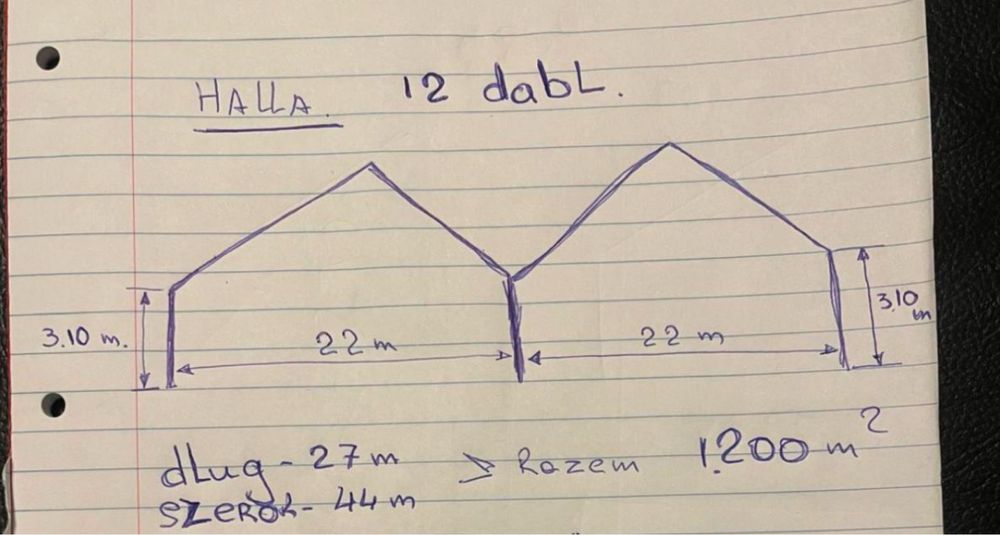 Konstrukcja hali 44m x 27m = 1200m2 - 22m x 60m