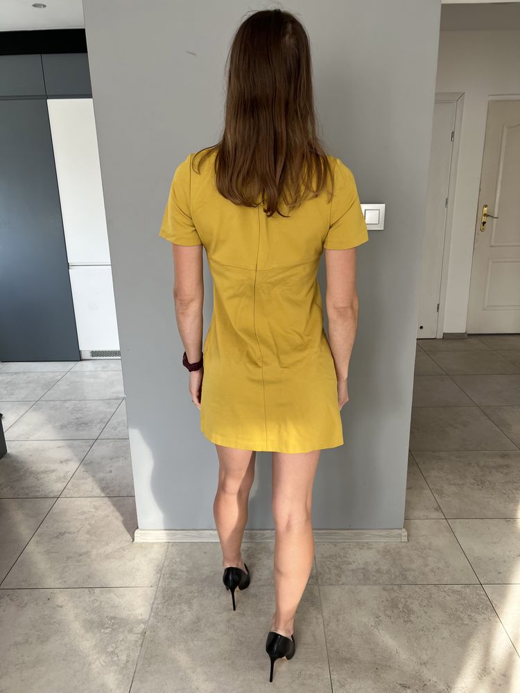 Sukienka musztardowa 38 M midi elegancka kieszenie Le Streghe