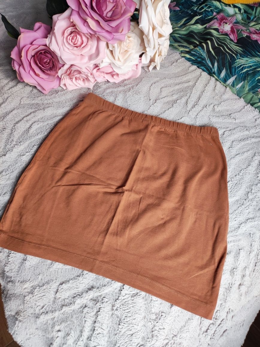 H&M brązowa materiałowa krótka spódniczka mini wiosenna letnia