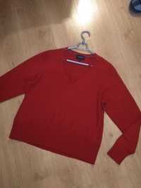 Sweter merino 100 % wool wełna czerwony dekold V