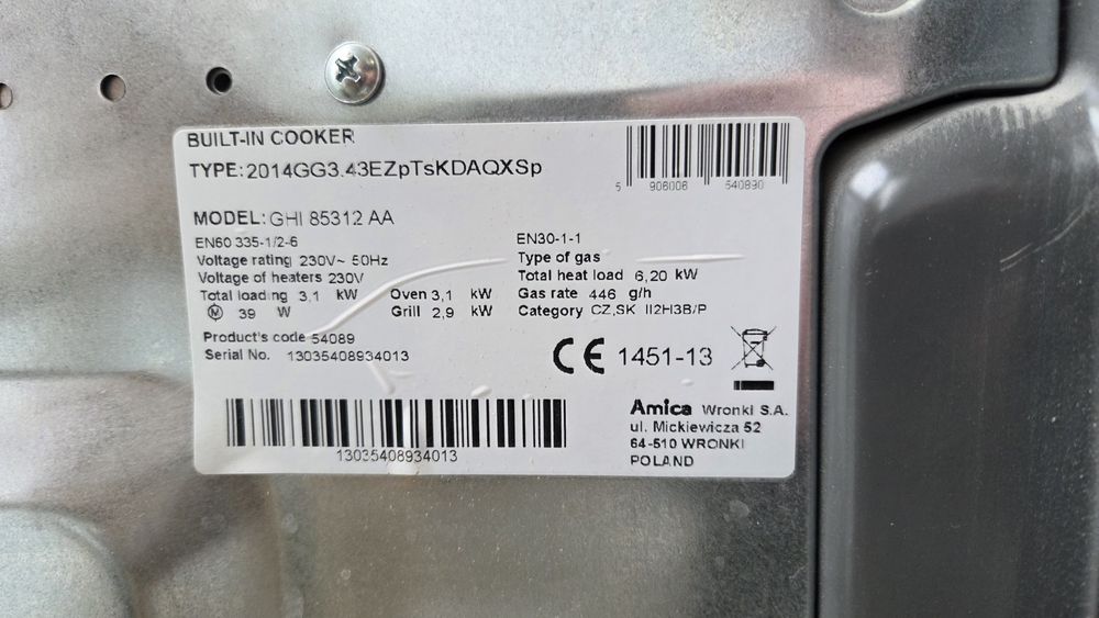 Piekarnik z płytą gazową do zabudowy Amica