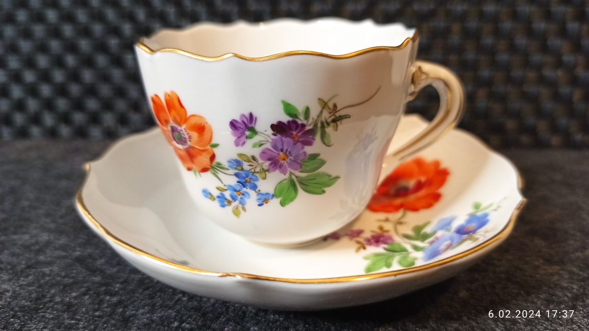 Porcelana Meissen DUO Mokka Miśnia Dekor kwiatowy Piękna