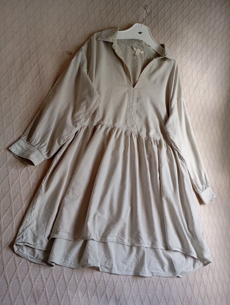 H&M L-XXL zwiewna owersizowa sukienka bawełniana szałwiowa zieleń