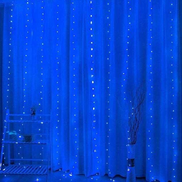 Гирлянда штора на проволоке "Капля росы" 3х3 Синий, С ГАЧКАМИ 300LED