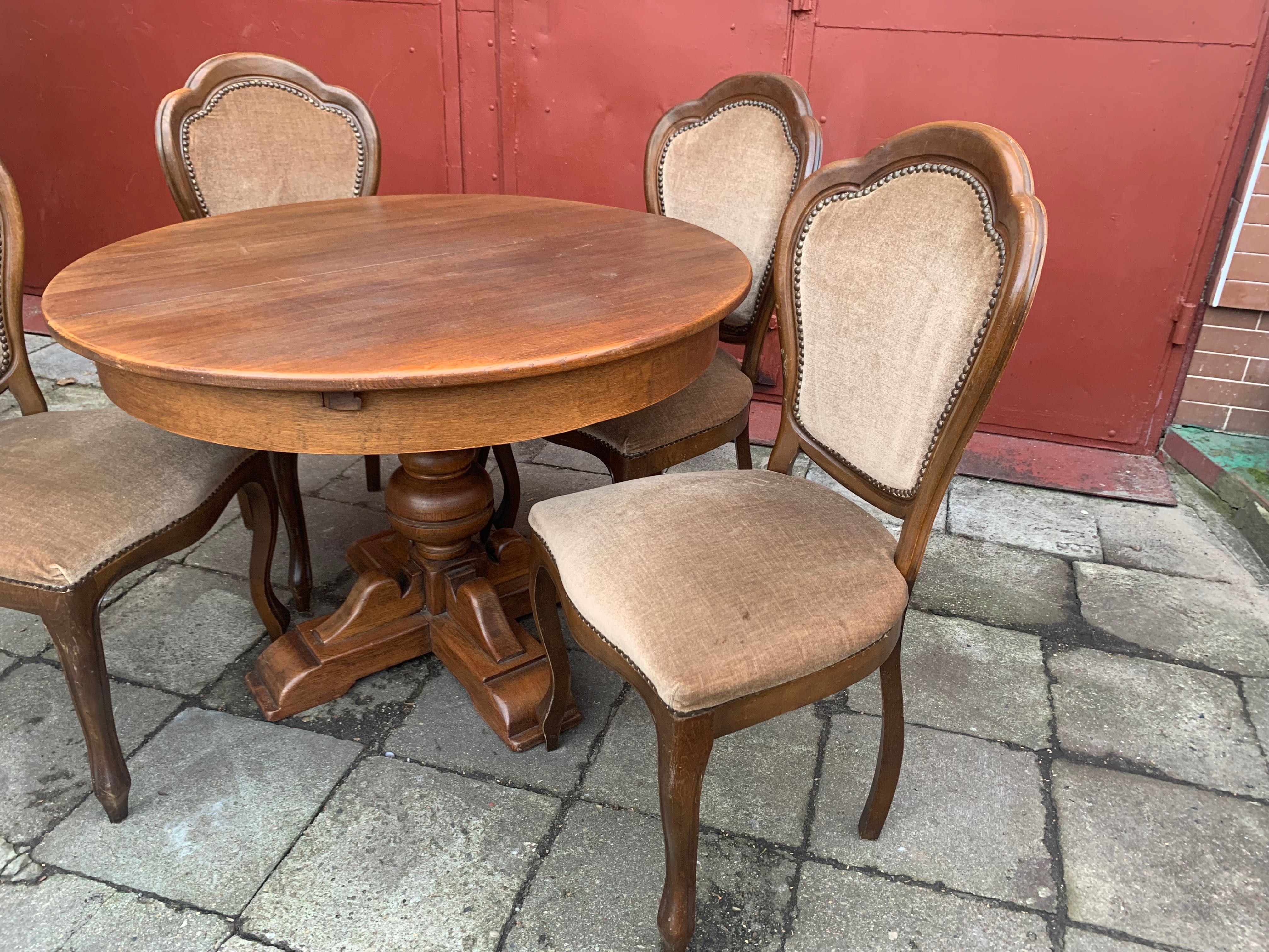 Drewniany okrągły stół rozkładany i 4 krzesła antyk