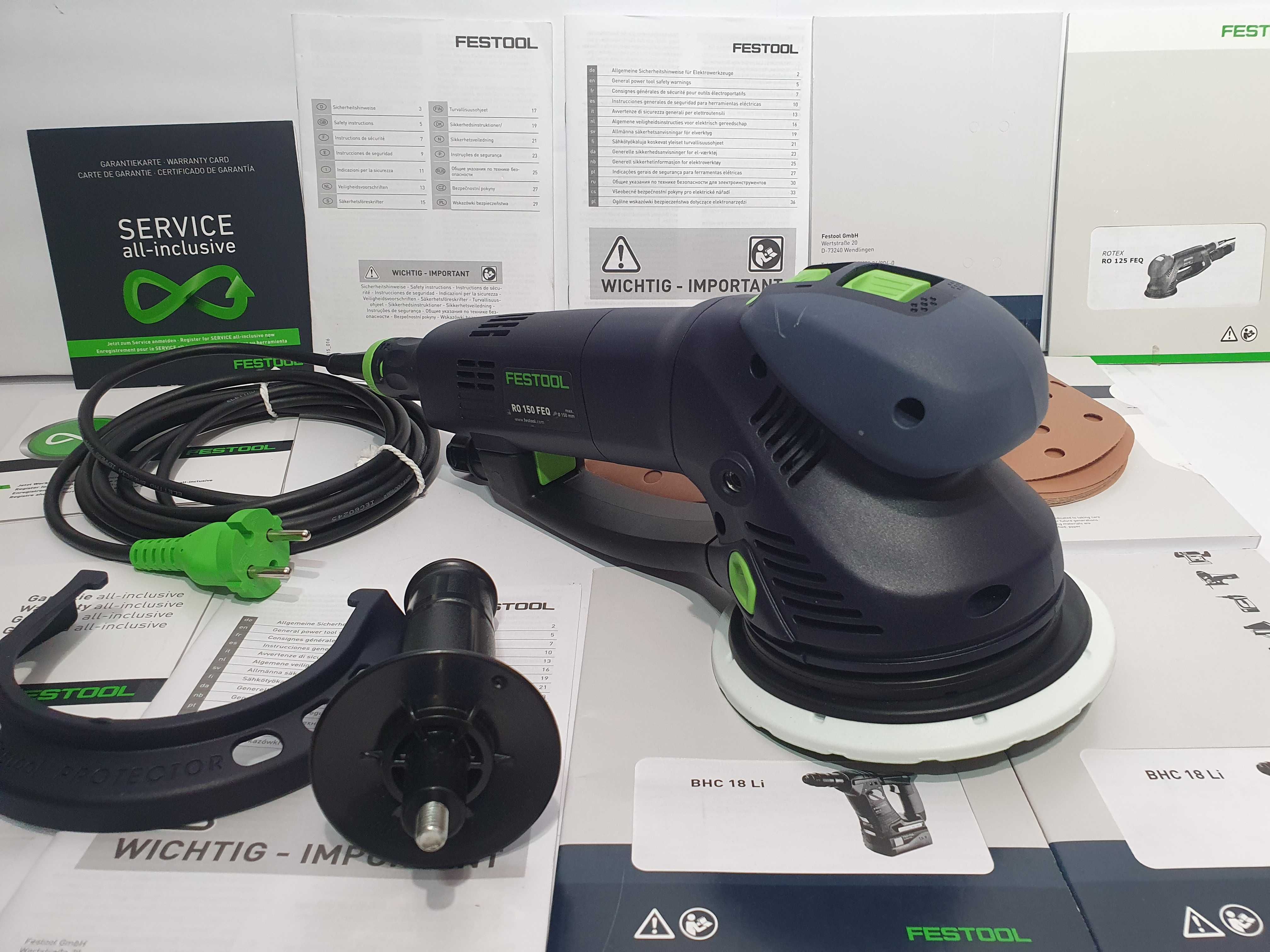 Duzy zestaw FESTOOL RO 150 szlifierka +papiery 30szt+raczka+protector