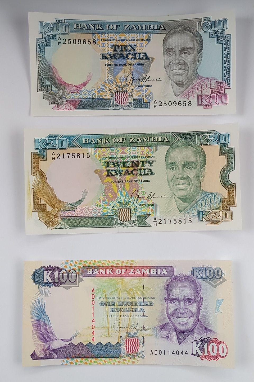 zestaw banknotów 10-100 kwacha, Zambia , 3 szt , stan UNC