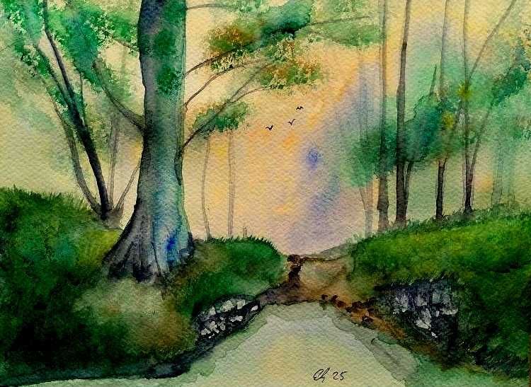 Aguarela pintada a mão "Floresta ao amanhecer"
