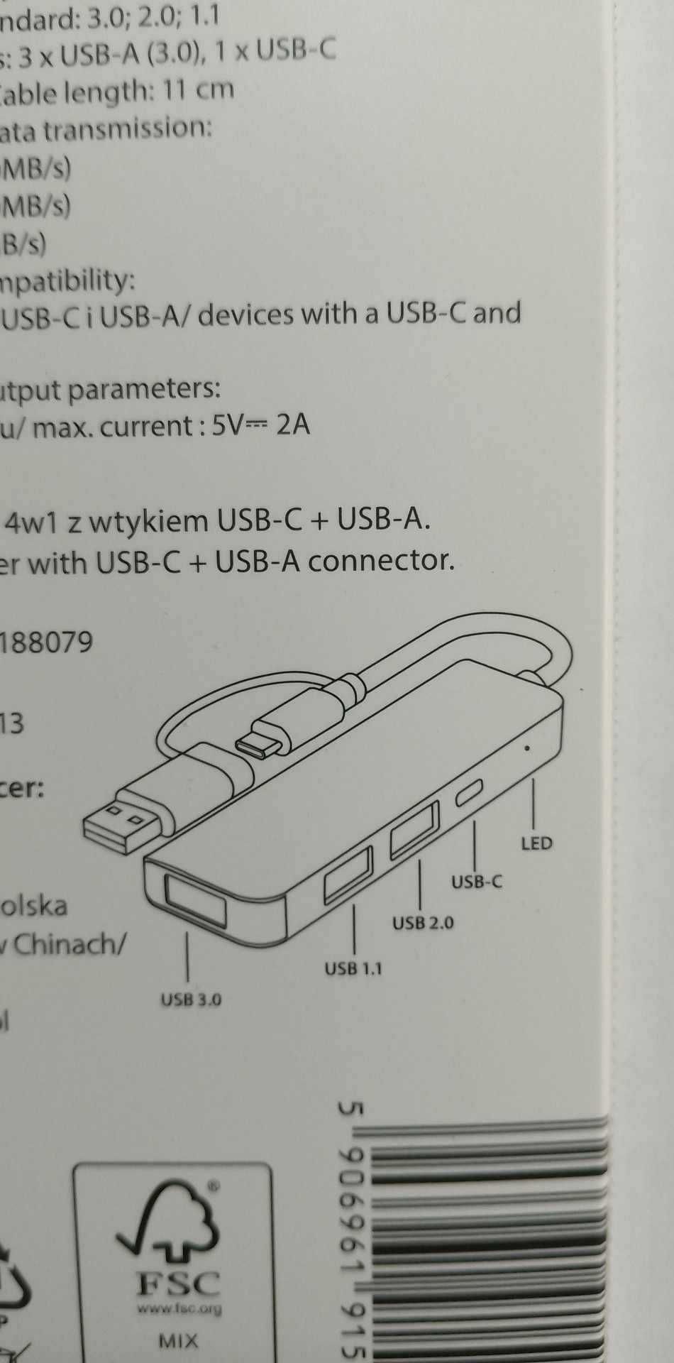 Rozdzielacz USB HUB 4w1 z wtykiem USB-C + USB