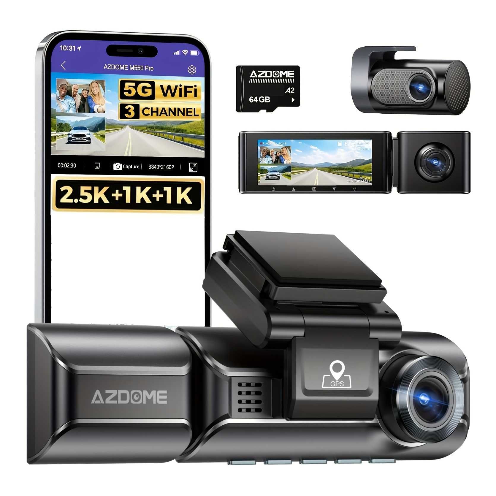 Відеореєстратор AZDOME M550 Pro Wi-Fi + задня камера+в салон для таксі