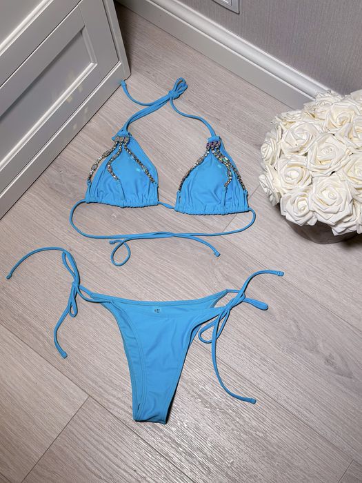 Strój kąpielowy bikini s 36 nowy niebieski z brokatami kryształami