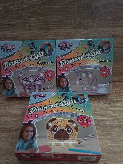 Zestaw 3 x haft diamentowy,lampka Led mopsik ,motylek ,jednorożec