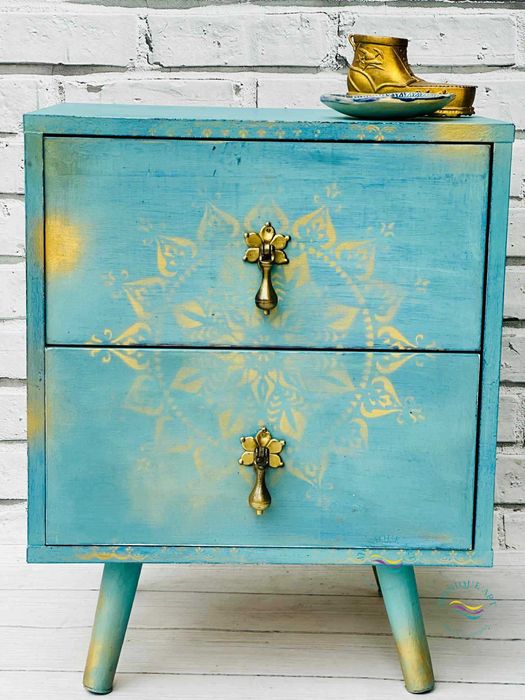 Turkusowa szafka z mandalą, orientalna, ciekawe uchwyty, wysyłka