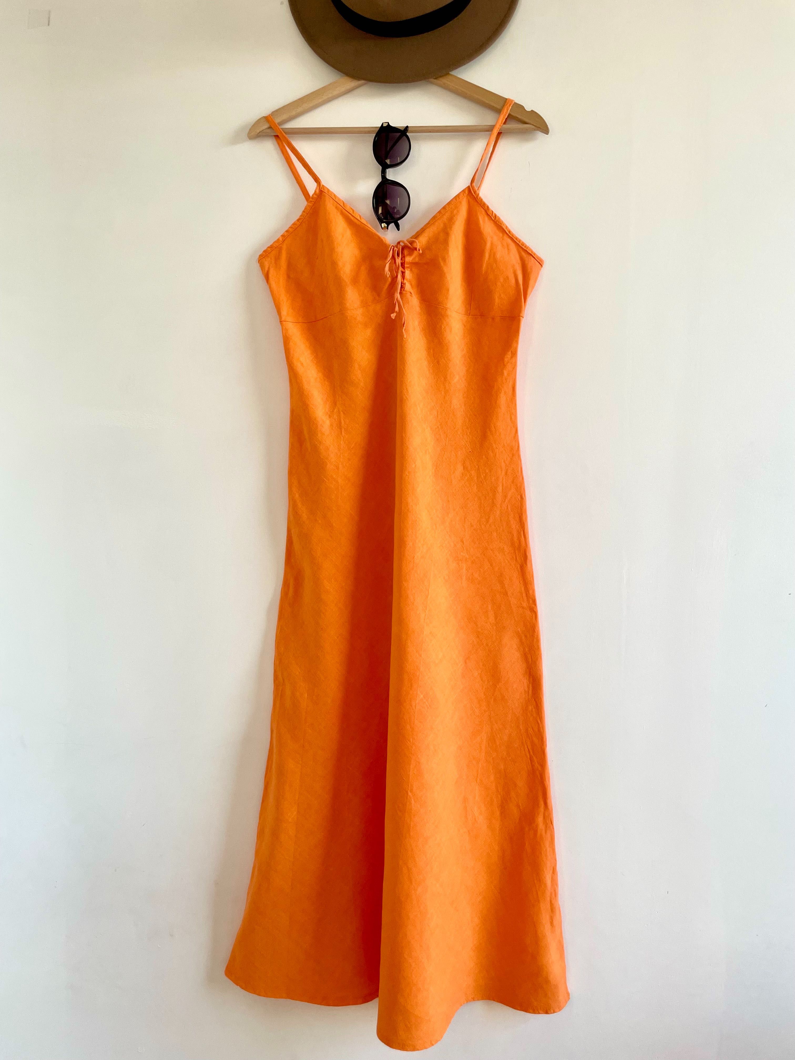 Długa lniana sukienka pomarańczowa na ramiączka XL 42