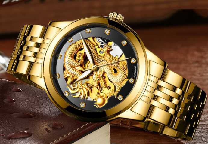 Złoty Zegarek Męski Skeleton Mechaniczny Automatyczny Smok TEVISE