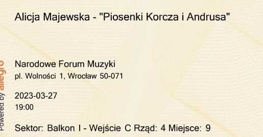 Dwa bilety na koncert Alicji Majewskiej Wrocław 27.03.2023