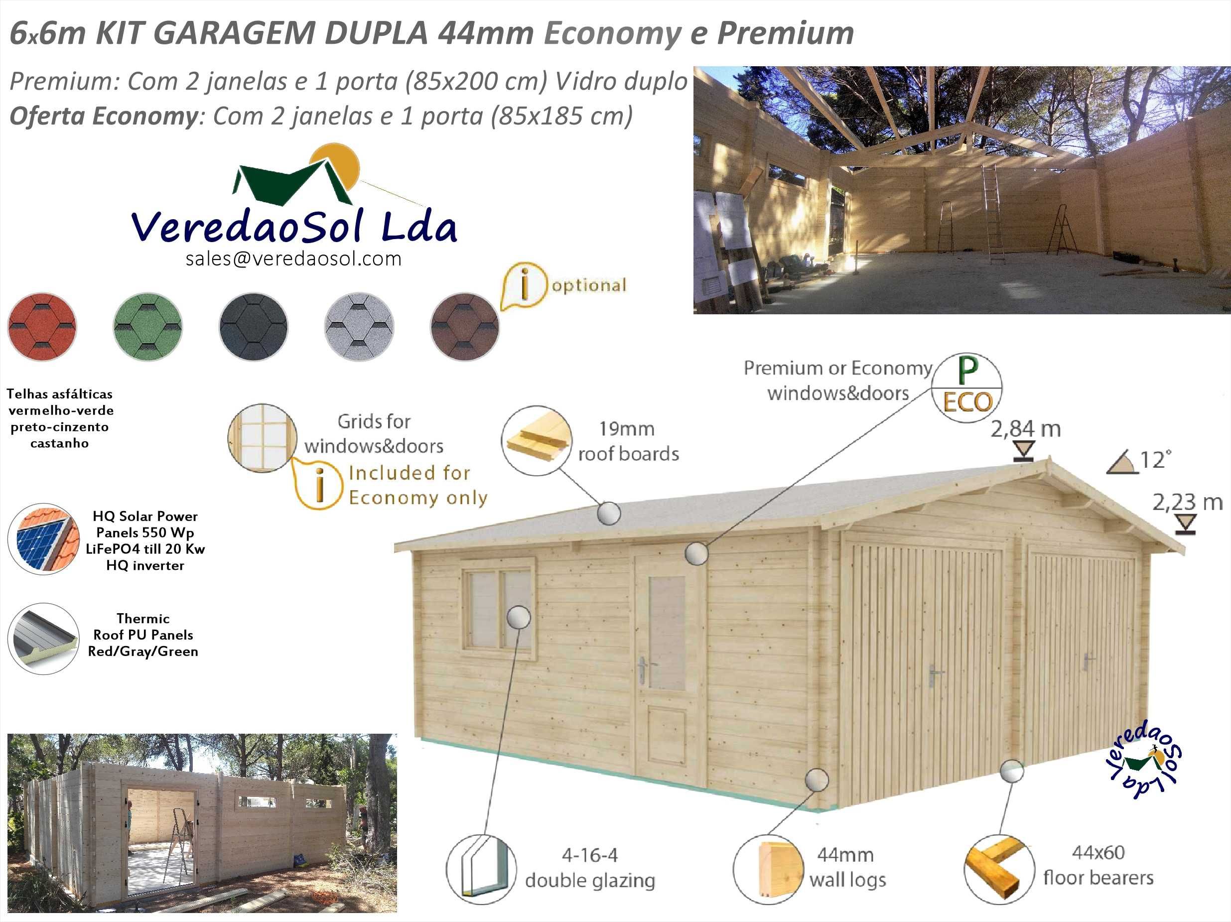 KIT madeira 6x6 m GARAGEM DUPLA 34m² 44mm sem e com portões IMBATÍVEL