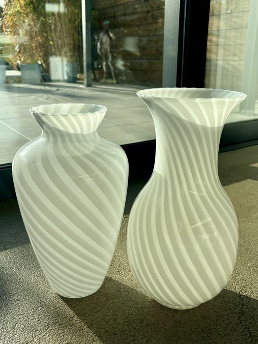 Wielki Piękny Biały Wazon Murano Swirl Venini Unikat Włochy 1970 Mega