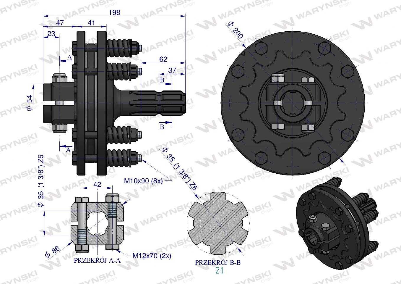 Sprzęgło cierne adapter 900Nm do wałka WOM 1-3/8 Z6 Waryński