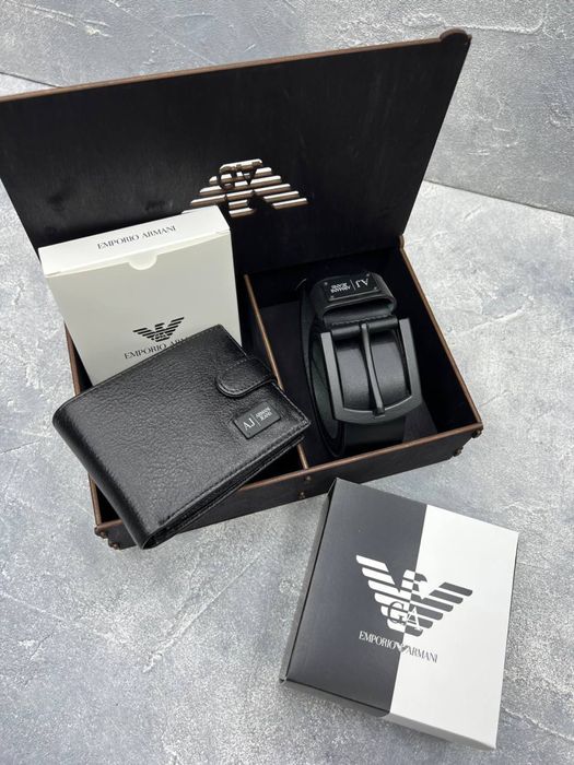 Мужской ремень+портмоне из кожи в деревянном боксе на подарок