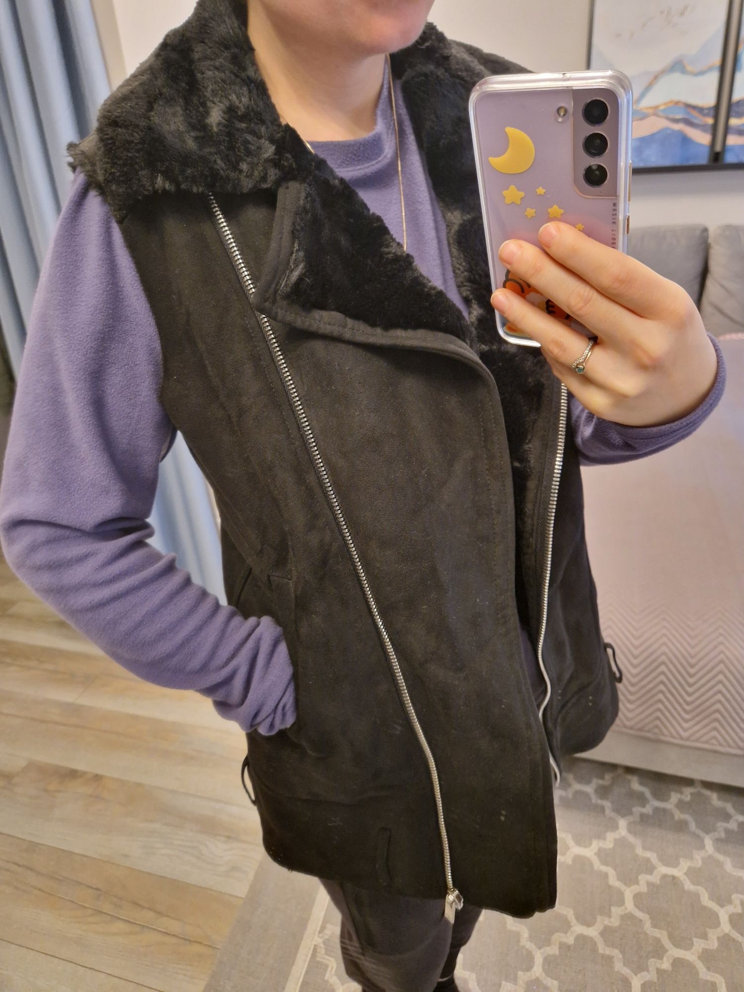 Zara outerwear XS-S 34-36 kamizelka bezrękawnik zamsz futerko czarne