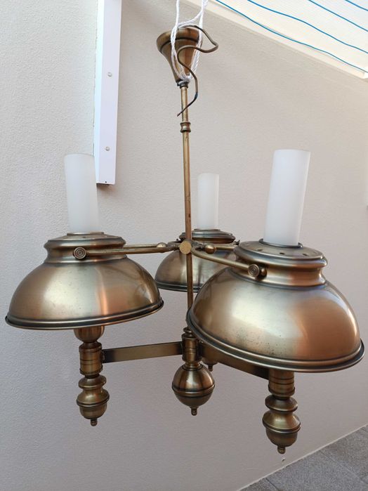 Candeeiro de Teto Clássico/Vintage com 3 Pontos de Luz - Latão e Vidro