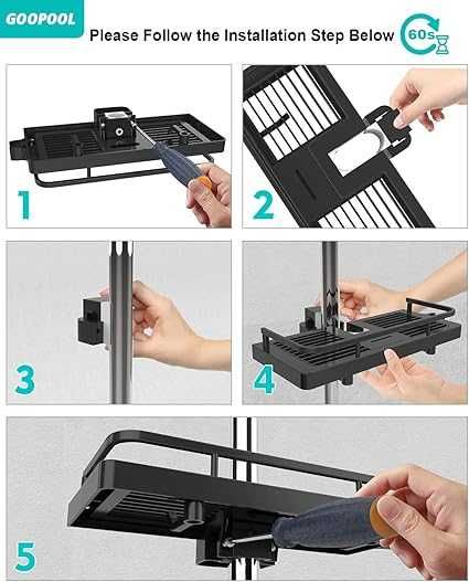 Półka prysznicowa na drążek Goopool czarna z tworzywa sztucznego