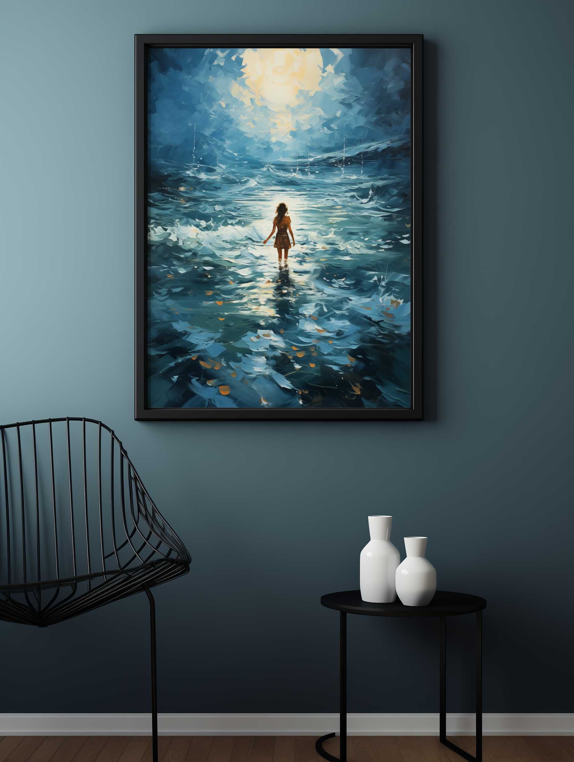 Plakat na Ścianę Obraz Morze Noc Księżyc Kobieta 50x70 cm Premium