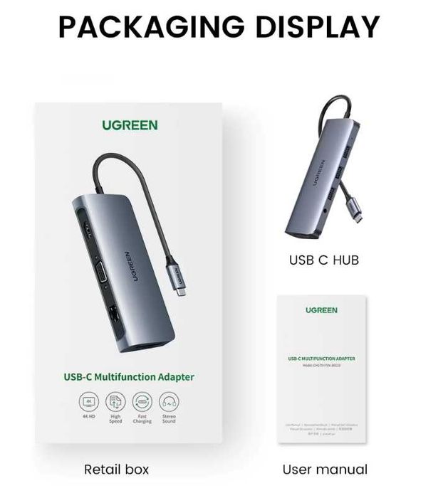 10in1 USB-хаб Ugreen Type-C Hub: HDMI VGA Ethernet USB3.0 SD/TF PD100W
