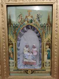 Obraz Katolicki Kapliczka z pozytywką ołtarzyk Antyk Jezus ZŁOTA RAMA
